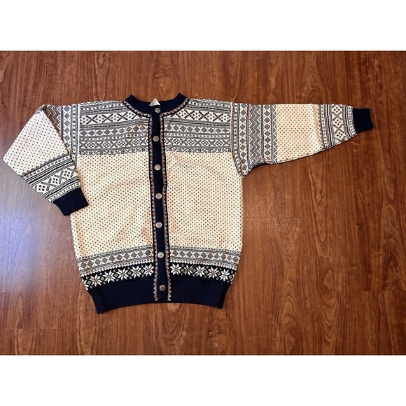 Vintage Dale Of Norway Women Wool Cardigan Sweater Large Navy Blue Fair Isle - Picture 1 of 8